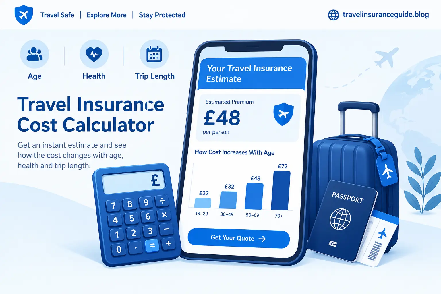 Travel insurance cost calculator showing premium estimate by age, health and trip duration