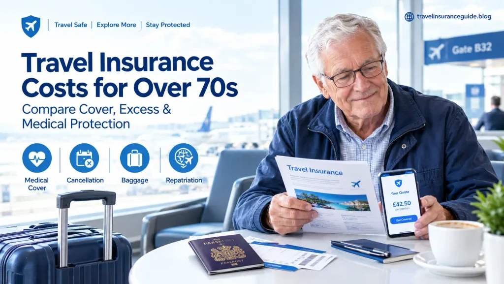 Elderly man comparing insurance quote with cover for medical, cancellation, baggage and repatriation
