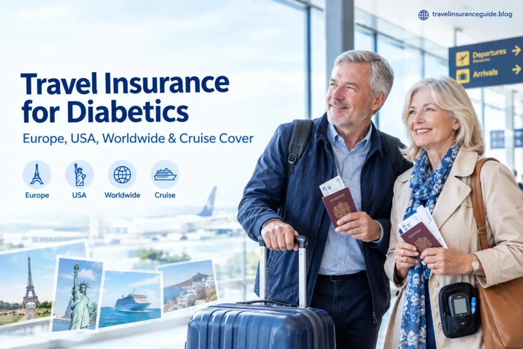Traveller with diabetes at airport with travel insurance covering Europe, USA and worldwide trips