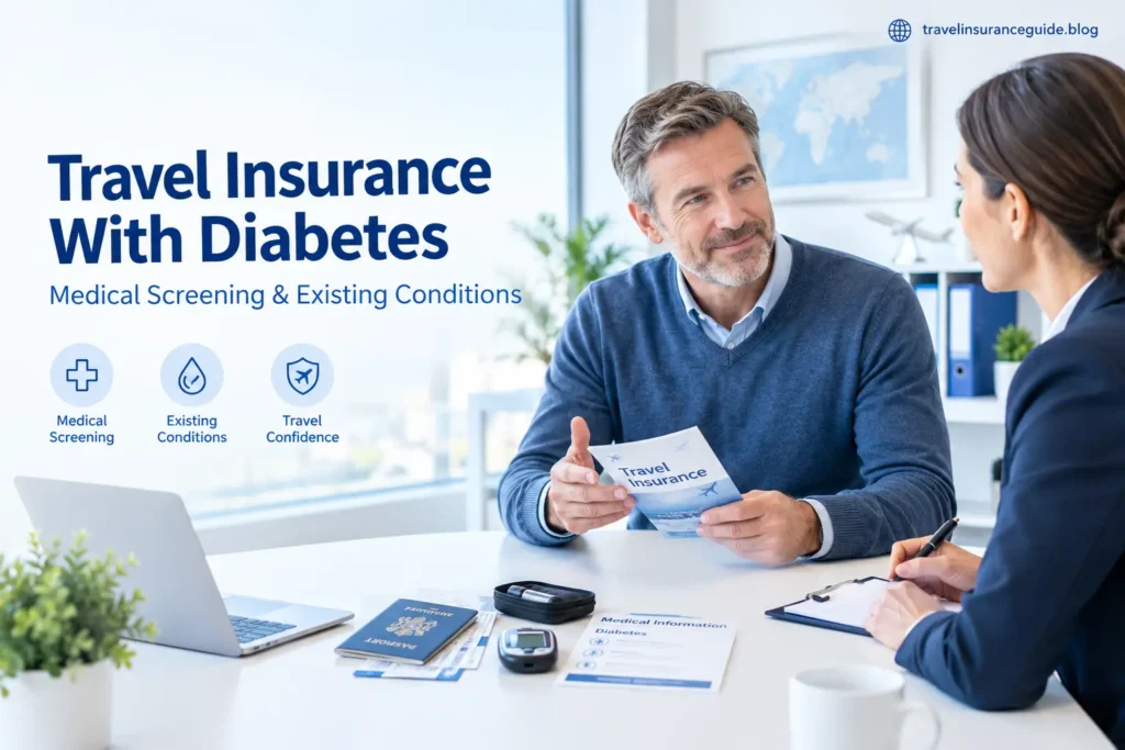 Man with diabetes discussing travel insurance and medical screening with an advisor