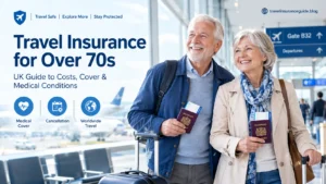 Senior couple over 70 walking through airport with travel insurance for medical cover, cancellation and worldwide travel