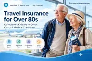 Elderly couple at airport with travel insurance over 80s guide covering medical cover, worldwide trips, and costs