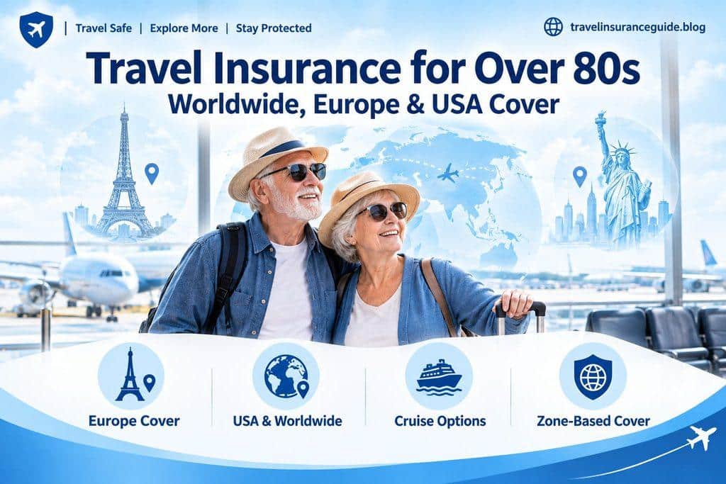 Elderly couple travelling with travel insurance over 80s guide covering Europe, USA, and worldwide destination cover