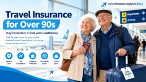 Elderly couple at airport with travel insurance over 90s guide covering medical cover, worldwide and cruise protection