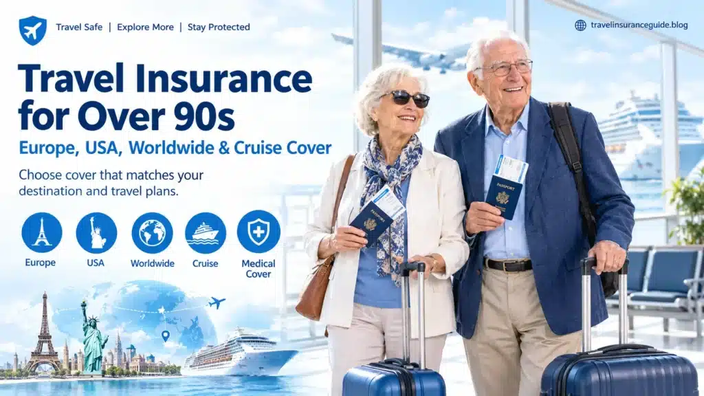 Elderly couple travelling with travel insurance over 90s guide covering Europe, USA, worldwide and cruise cover