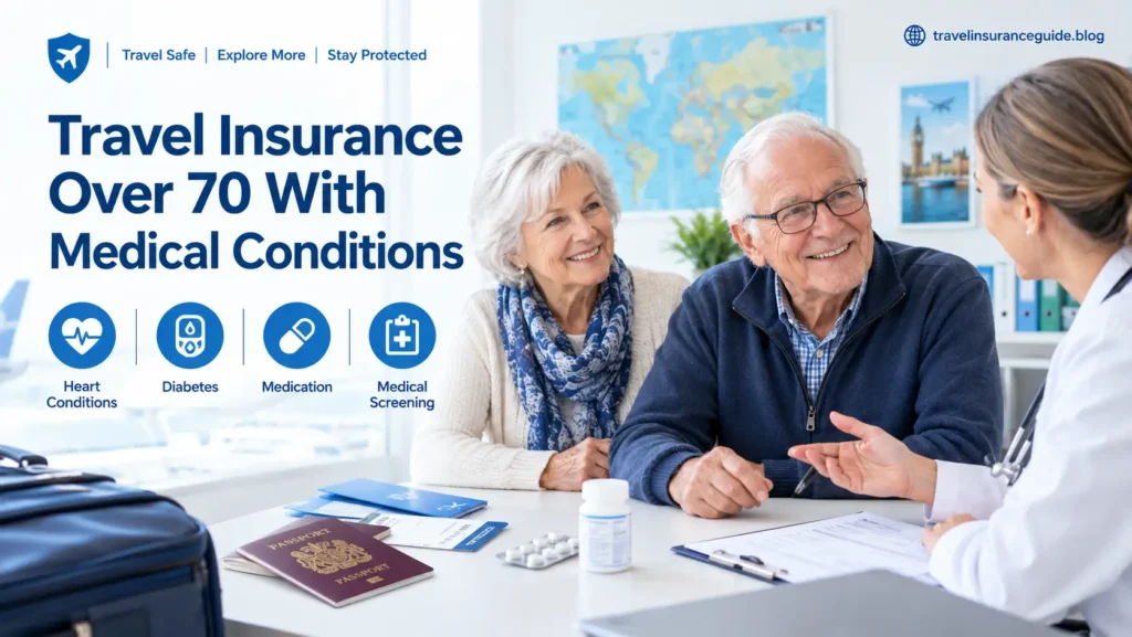 Elderly couple over 70 discussing travel insurance for heart conditions, diabetes and medication with a doctor