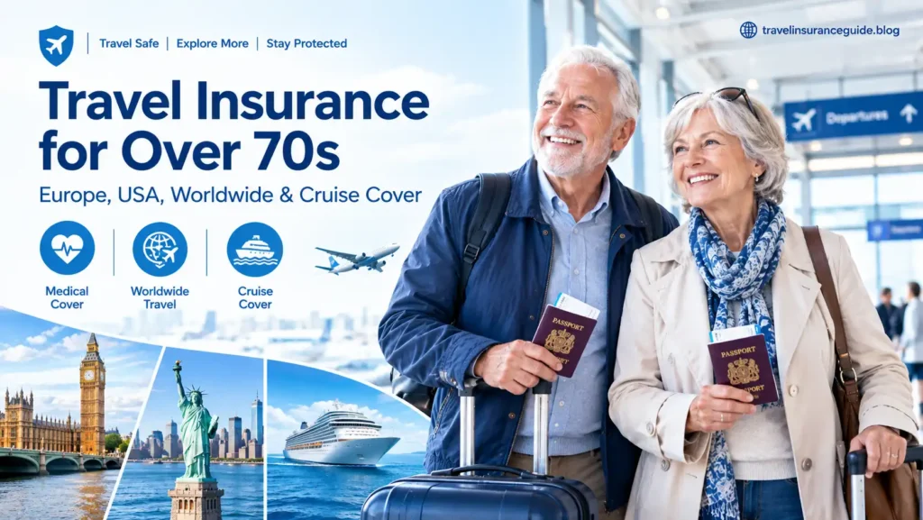 Senior couple over 70 at airport with travel insurance for Europe, USA, worldwide and cruise cover