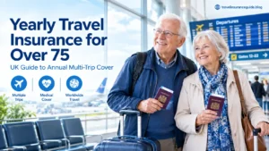 Senior couple over 75 at airport with yearly travel insurance for multiple trips, medical cover and worldwide travel