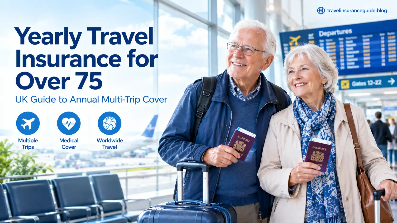 Senior couple over 75 at airport with yearly travel insurance for multiple trips, medical cover and worldwide travel