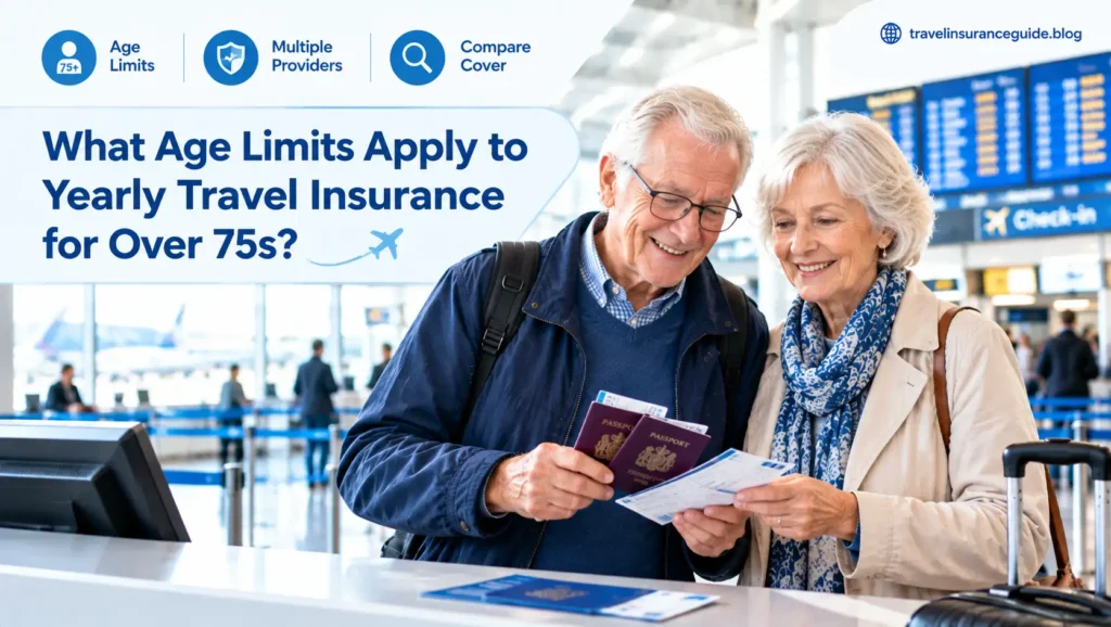 Elderly couple checking passports and boarding passes at airport counter