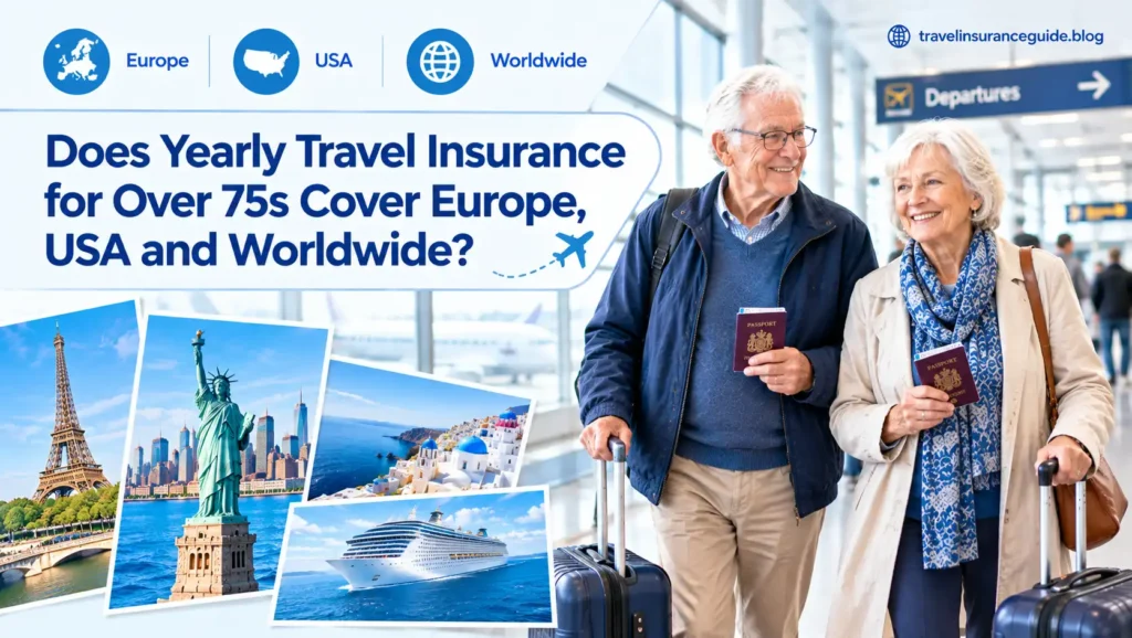Senior couple over 75 at airport with yearly travel insurance covering Europe, USA and worldwide destinations