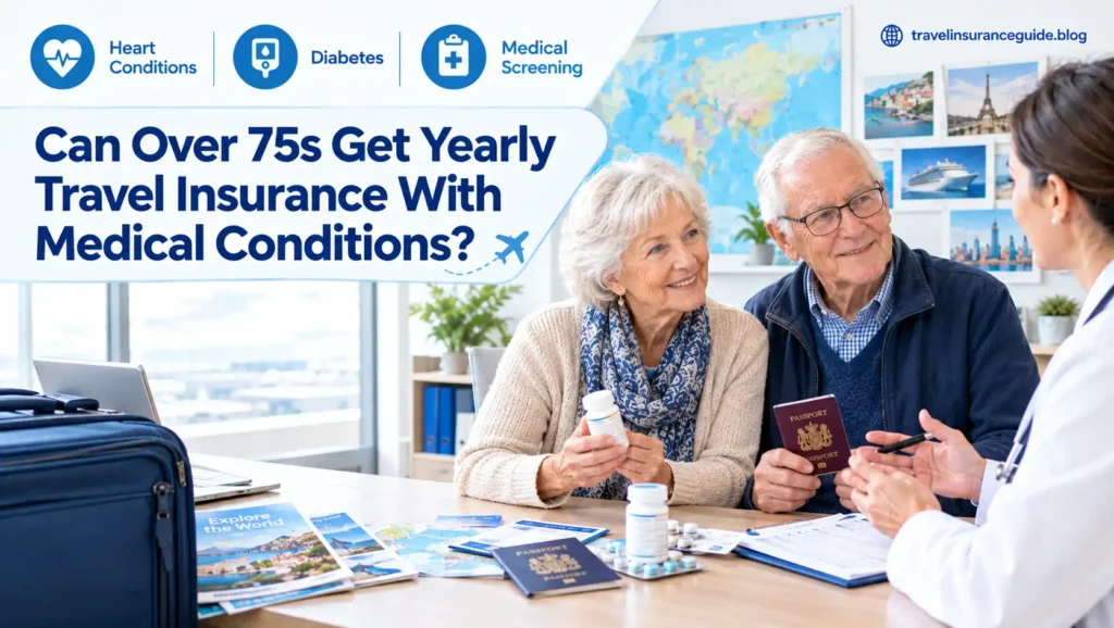 Elderly couple over 75 with doctor discussing yearly travel insurance for heart conditions, diabetes and medical screening